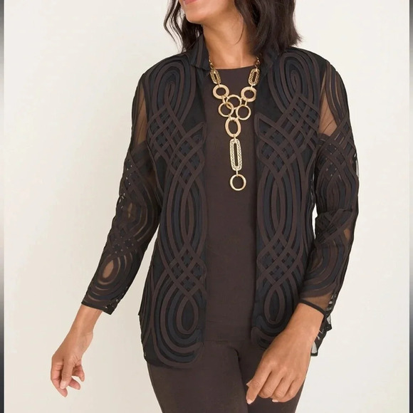 Chico’s travelers Neutral Swirl strip jacket brown navy size 1 8/10 NWT - Picture 1 of 13